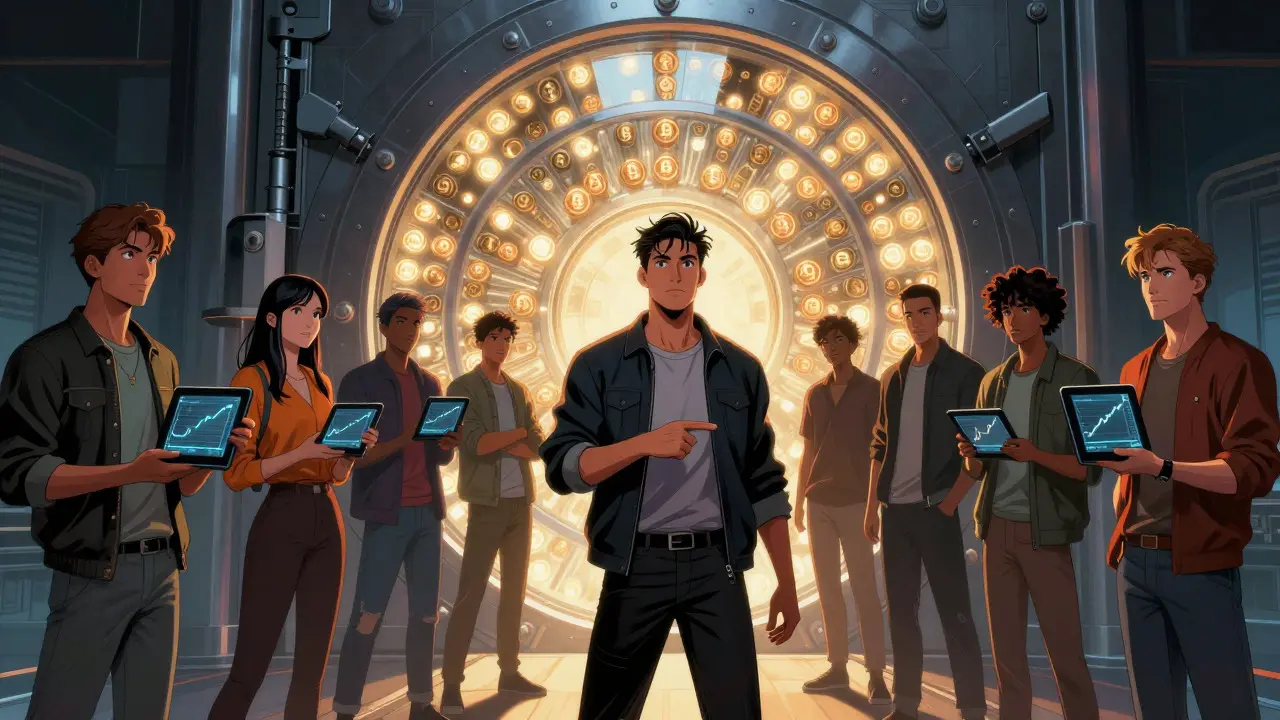 Group of investors looking at a vault filled with glowing tokens in a comic style