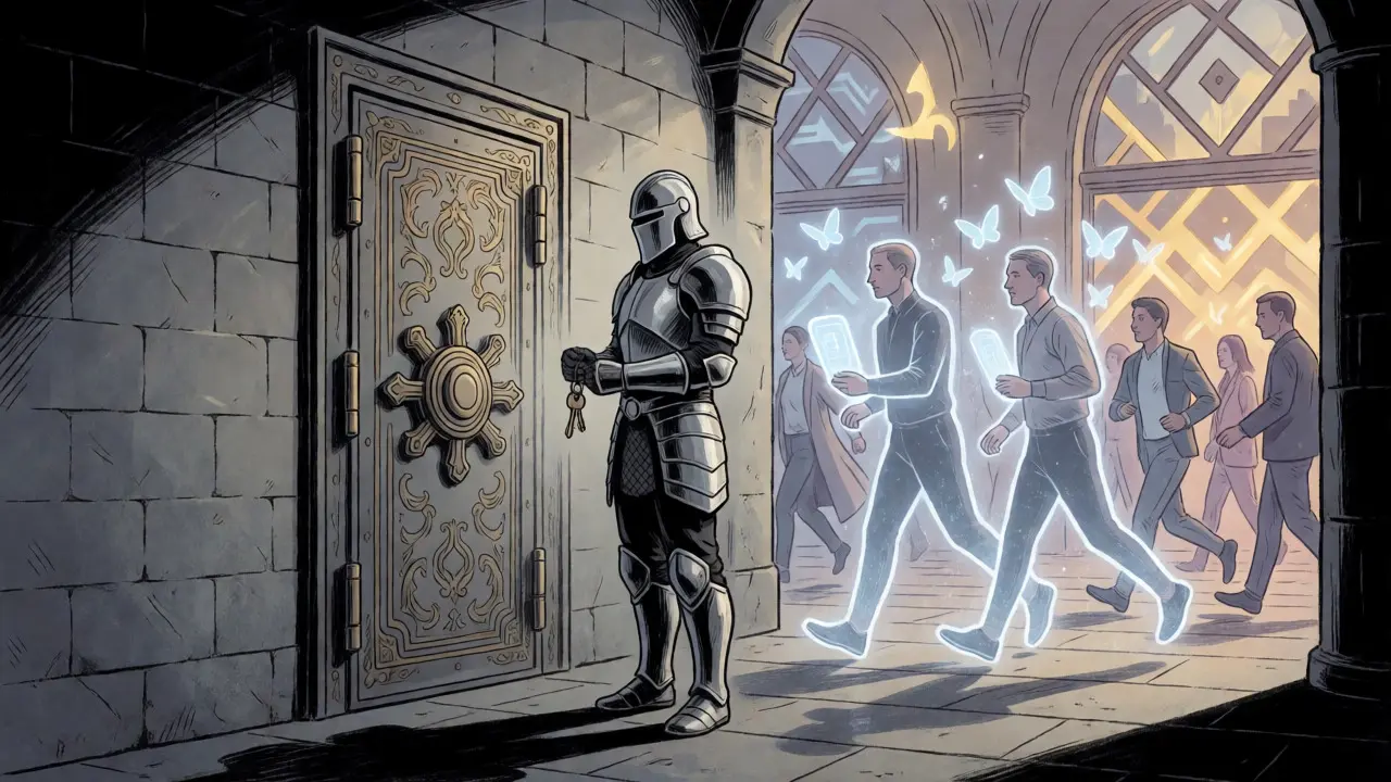 Guardian at secure vault contrasting with chaotic market ghosts