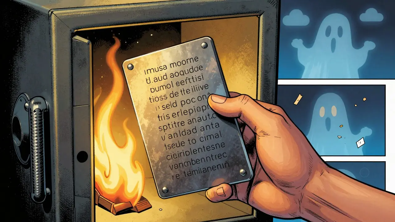 Hand placing metal seed phrase backup into a fireproof safe