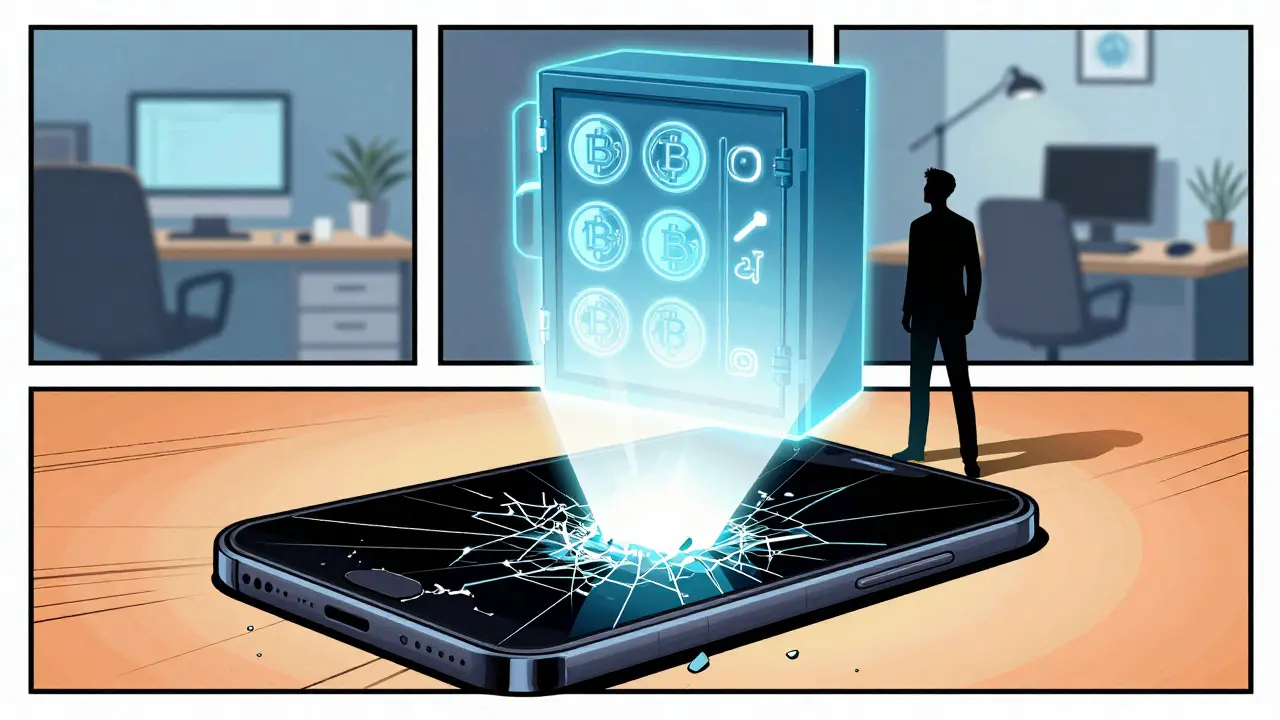 Holographic vault restoring digital assets from a broken phone in a comic book scene