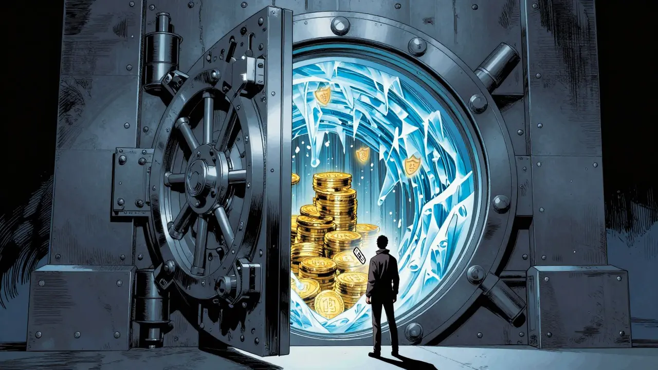 Illustration of a secure vault protecting digital assets with a guardian figure