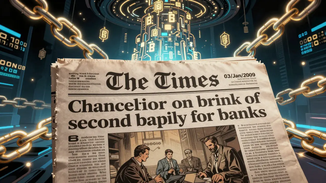 Newspaper headline embedded in the Genesis Block code