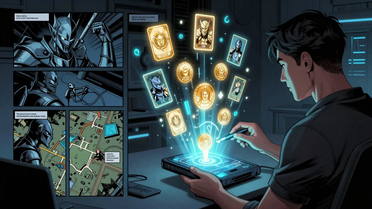 Player viewing floating KNIGHT tokens and NFTs from a digital wallet