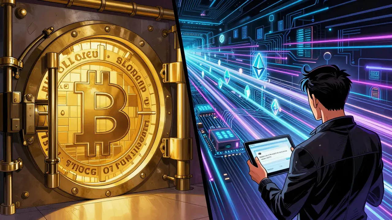 Split view comparing a secure golden vault with a fast neon circuit board landscape