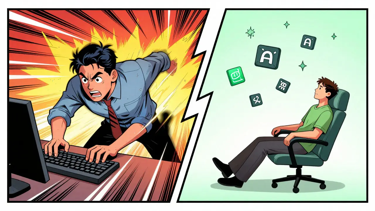 Split view comparing active trading chaos with calm asset management