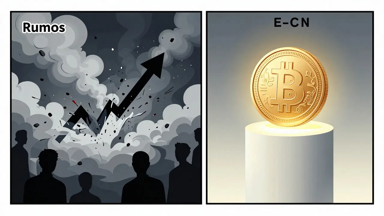 Split view of market chaos versus a stable, glowing digital coin representing the e-CNY