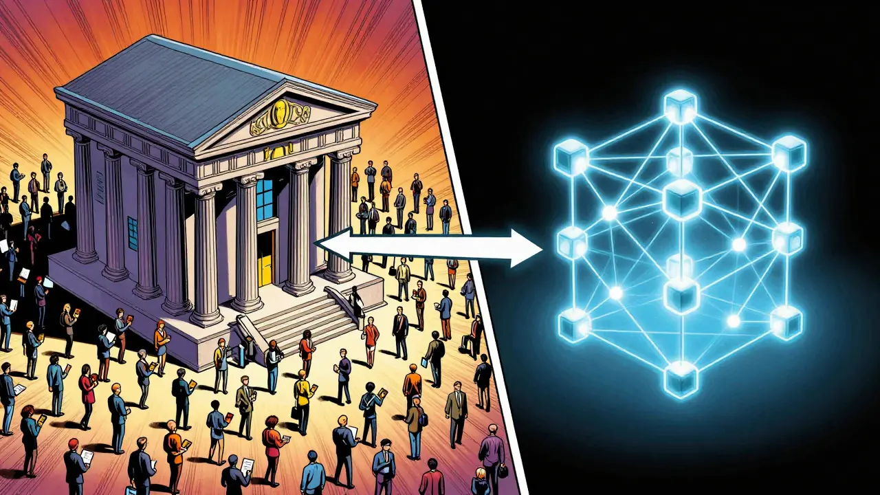 Split view showing crowded traditional banks versus an empty, futuristic blockchain network
