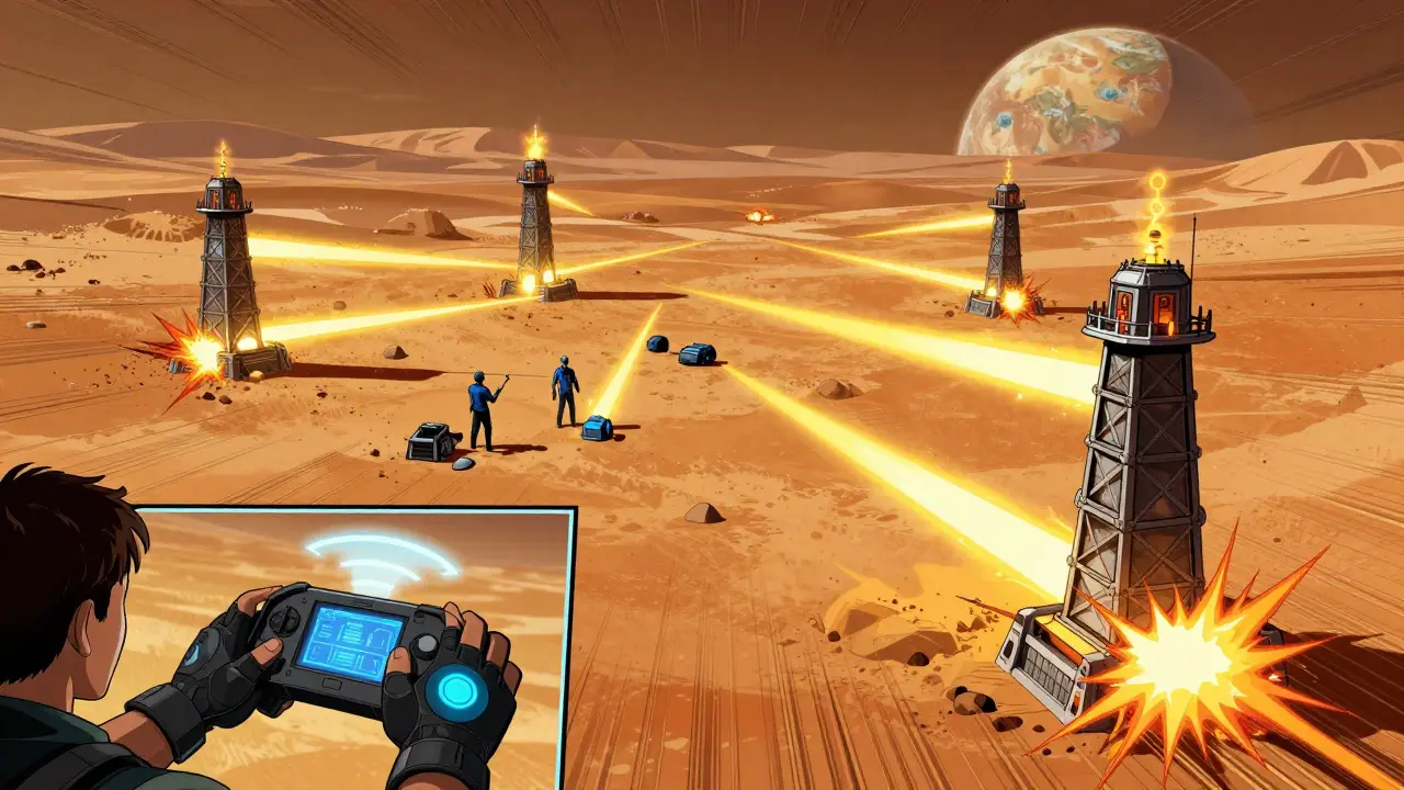 Strategic battle scene on Mars with energy beams and explosions