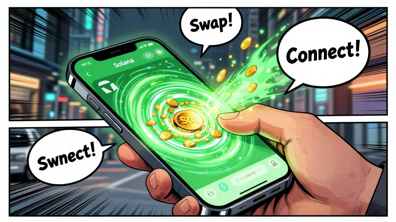 Stylized smartphone emitting digital energy representing crypto swap transaction