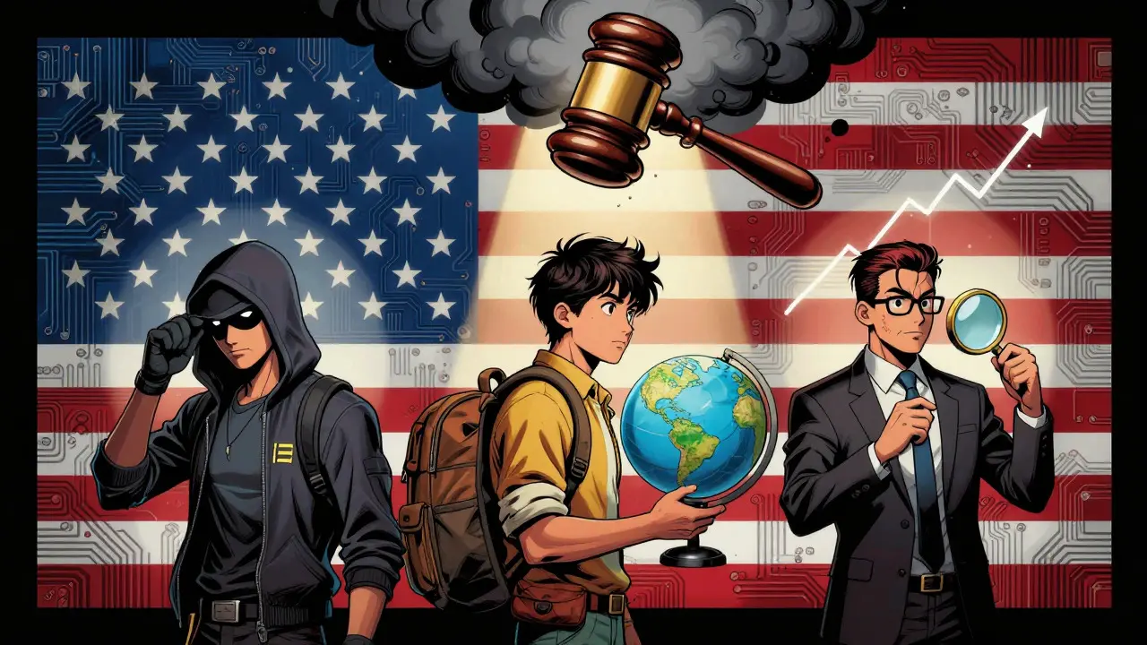Three investors standing before a circuit-board flag under a gavel-shaped cloud