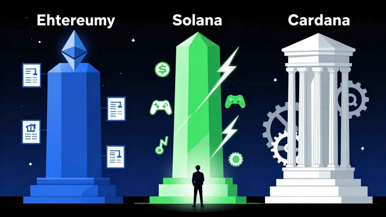 Three stylized pillars representing Ethereum, Solana, and Cardano with distinct visual traits