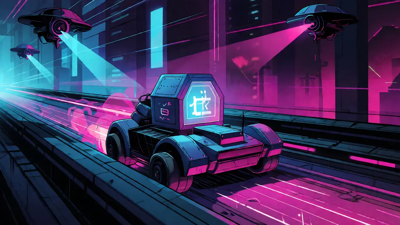 A data courier speeding down a neon highway while drones scan its cargo.