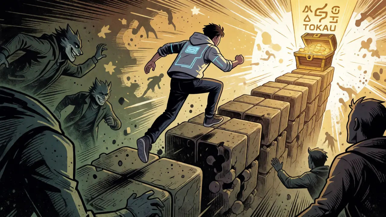 A digital explorer leaping over blockchain blocks toward a treasure chest.