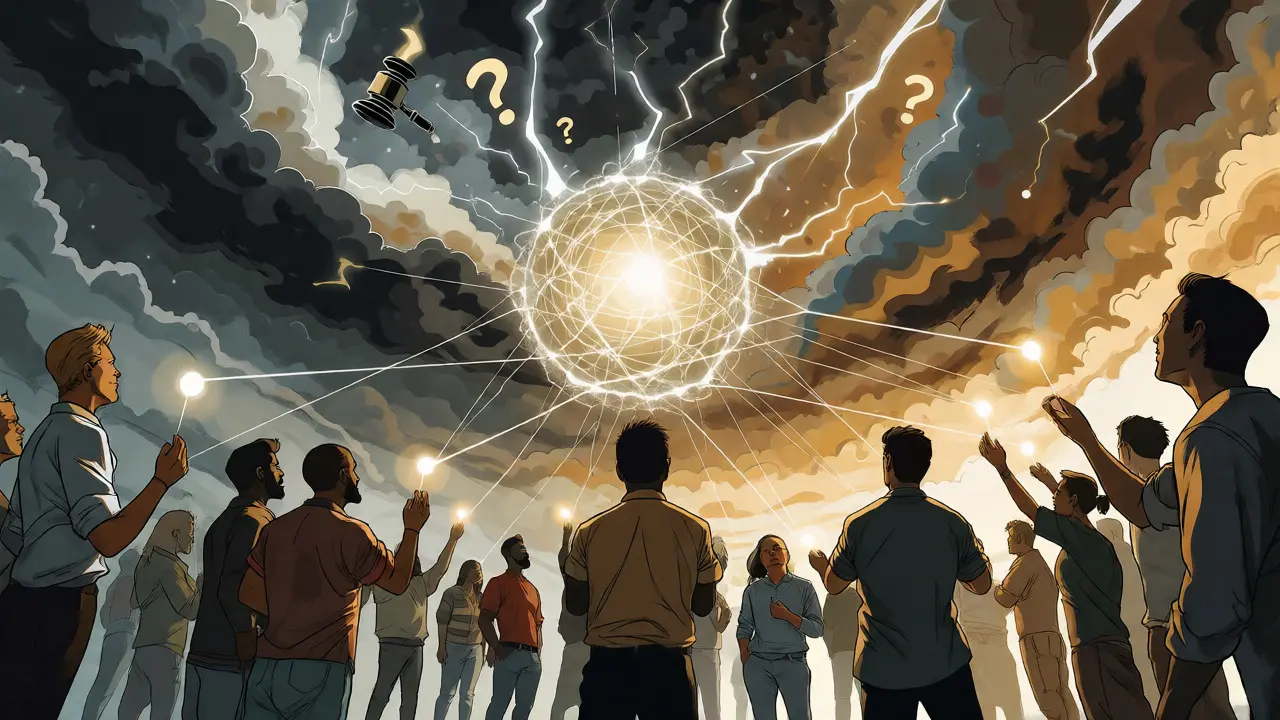 A diverse crowd connecting their lights to form a central sphere of trust.