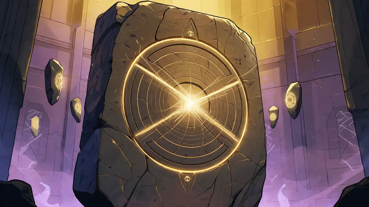 A glowing stone tablet with elliptical curves surrounded by orbiting light shards.