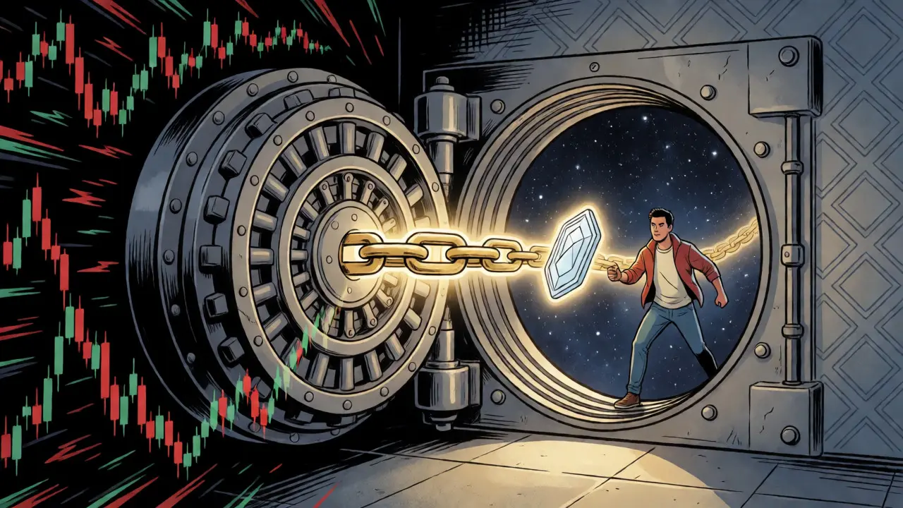 A golden chain connecting a person to a token inside an open vault.