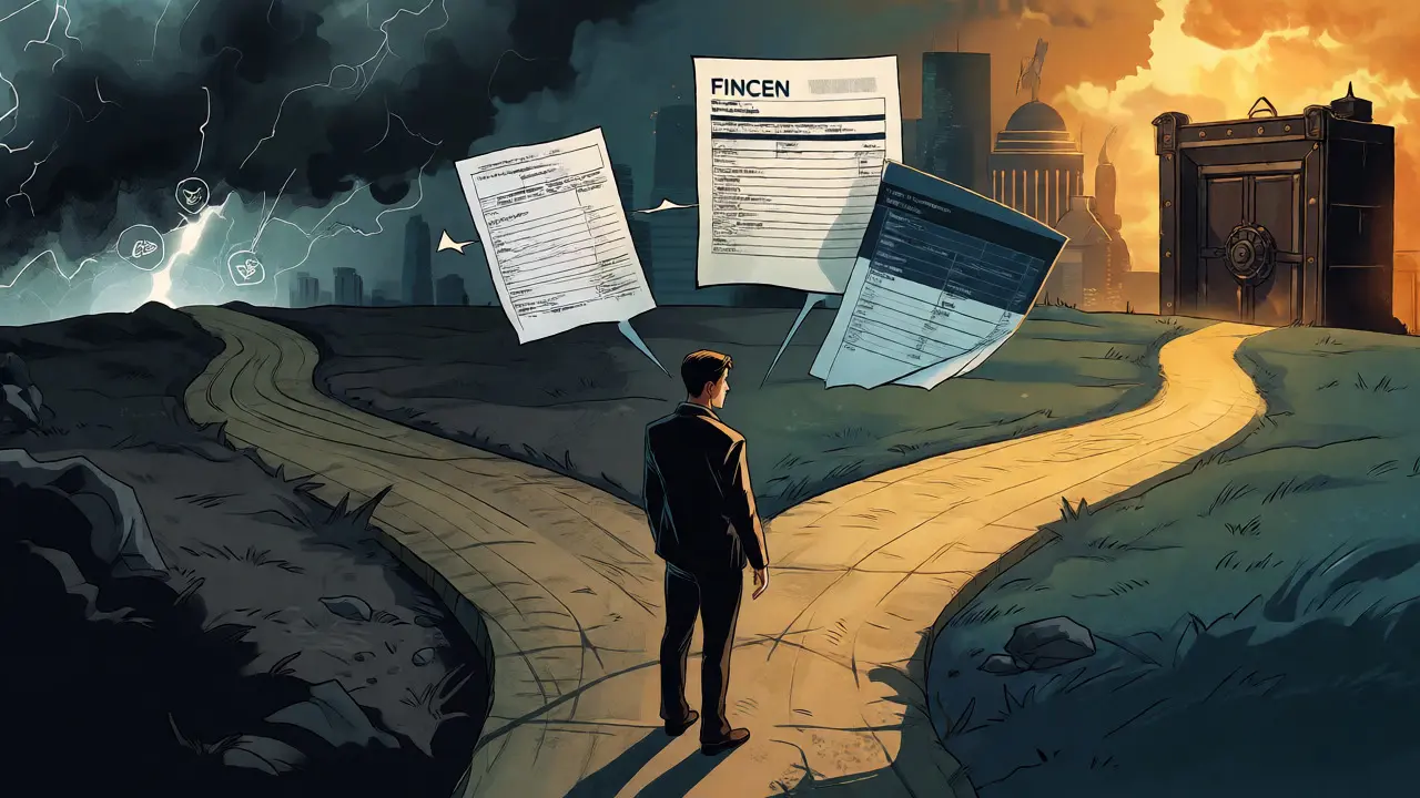 Character choosing between risky and safe paths for crypto tax compliance in comic art.