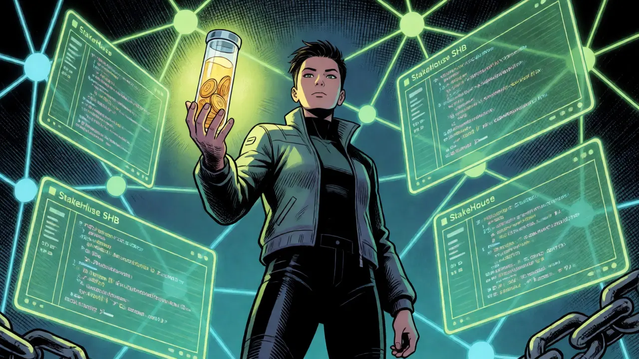Character holding liquid ETH vial surrounded by smart contract holograms
