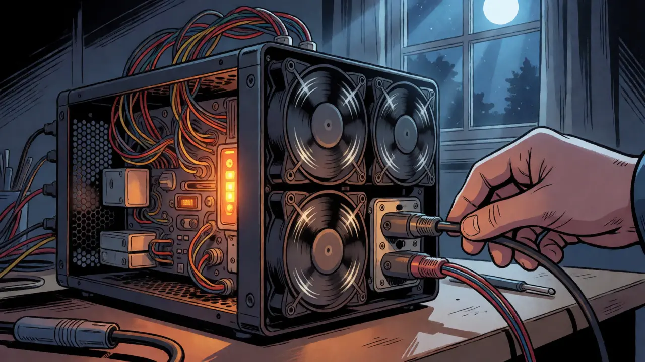 Close-up comic illustration of a technician adjusting a humming ASIC miner in a dim garage.