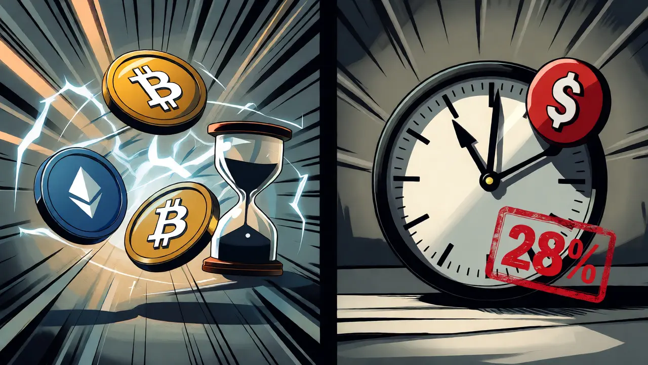 Comic panels showing crypto swaps preserving time versus cashing out triggering taxes