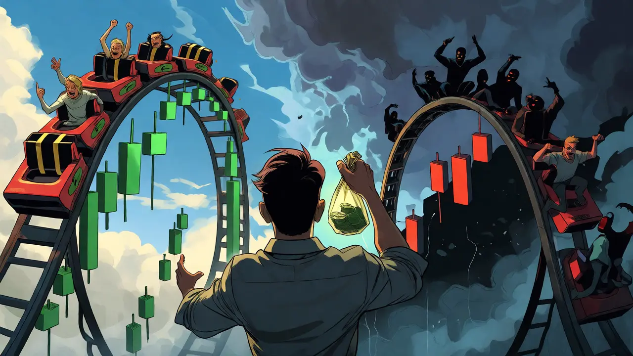 Comic style depiction of crypto market volatility and investment risks for POLO