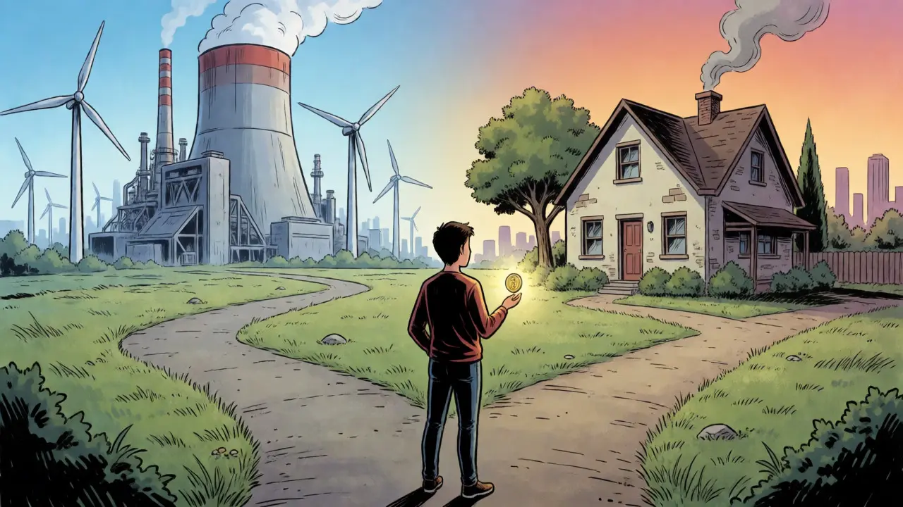 Comic style figure choosing between industrial cloud farms and residential home mining paths.