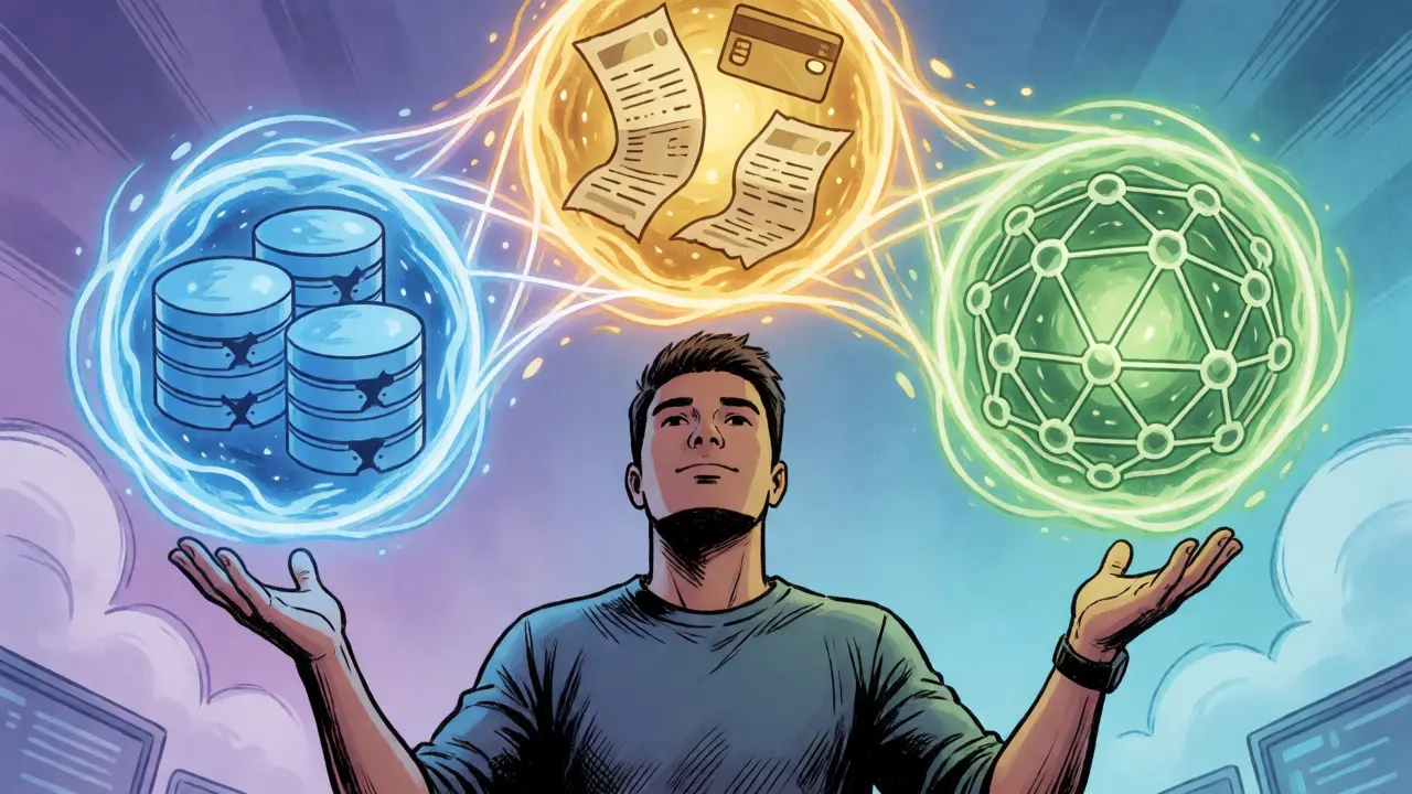 Developer integrating backend, banking, and blockchain elements into a unified stack.