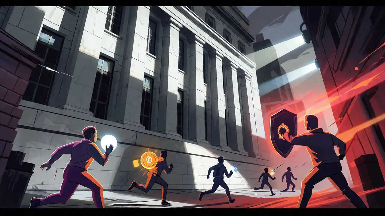 Figures evading surveillance searchlights while carrying glowing privacy coins.