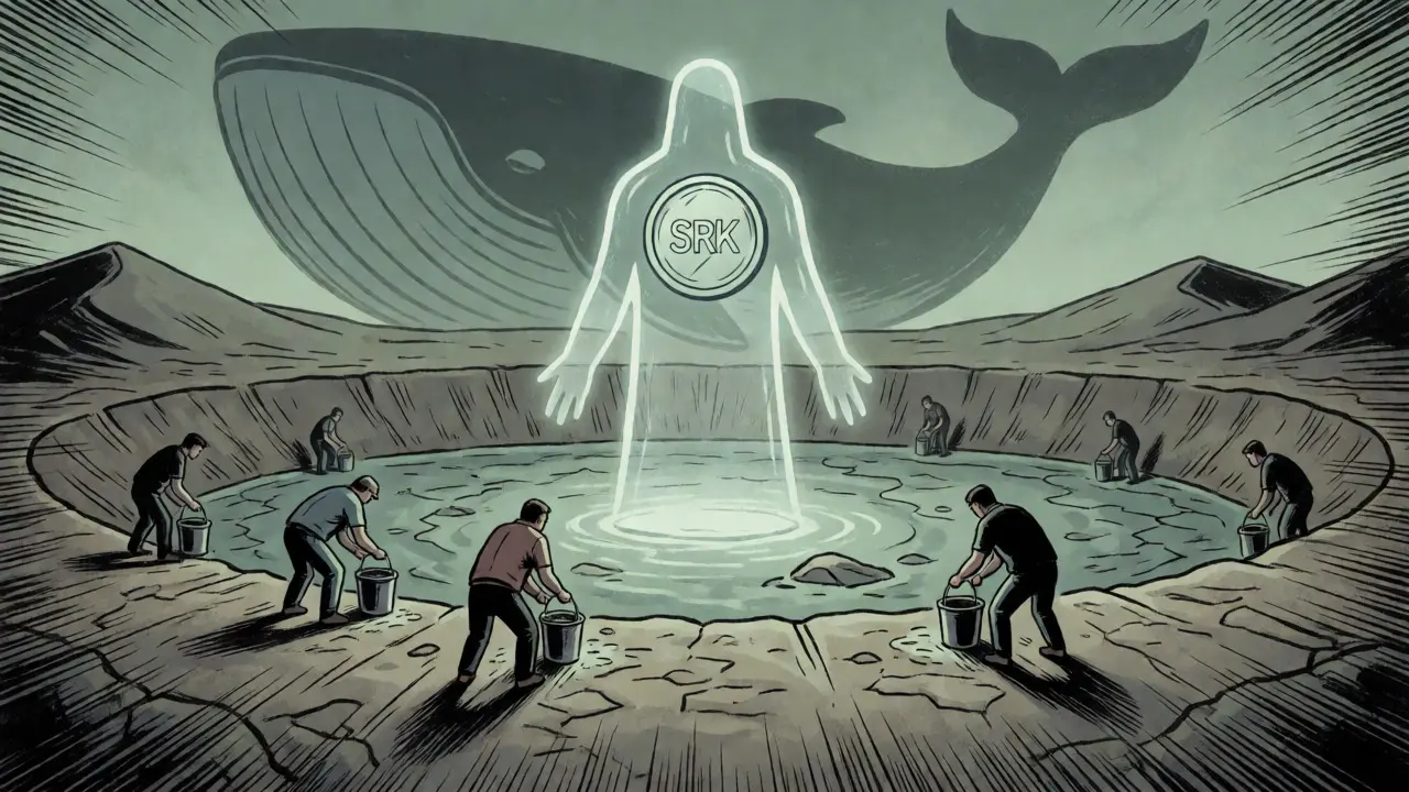 Ghostly SRK token over a dry liquidity pool with struggling small traders.