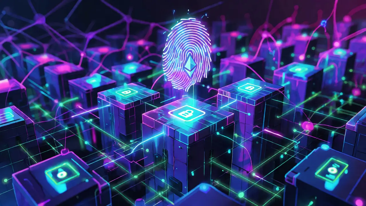 Glowing digital fingerprint and blockchain network illustrating timestamping.