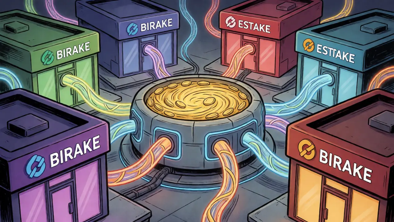 Glowing network hubs connecting diverse branded exchanges into a shared liquidity pool.