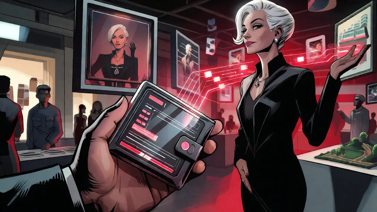 Graphic novel art showing a digital wallet connecting to a celebrity-inspired NFT avatar.