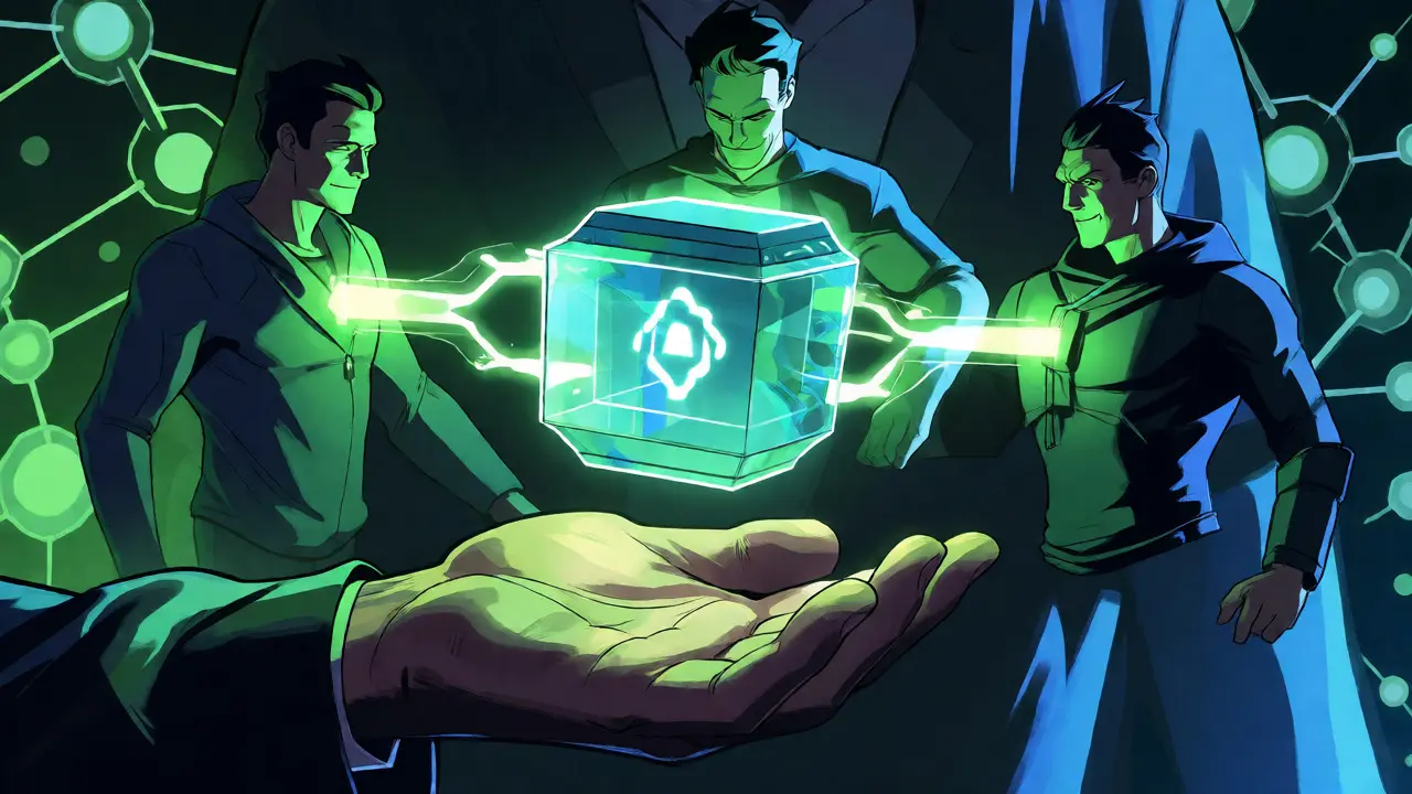 Guardians connected by energy beams to a glowing smart contract vault held by a user.