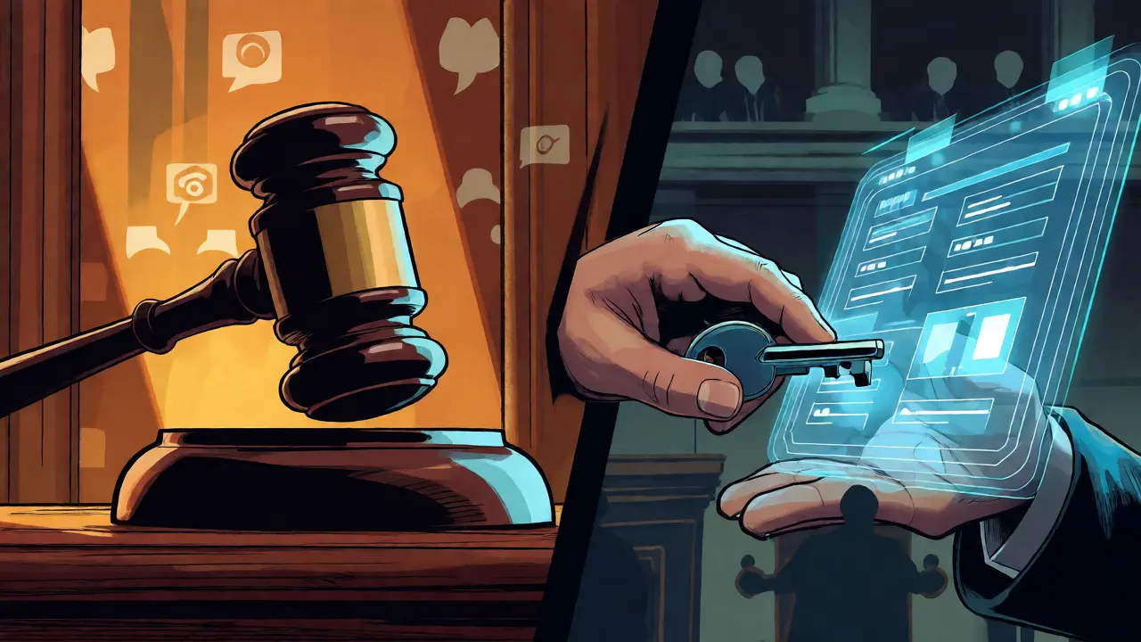Hand bridging traditional gavel and holographic blockchain ledger symbols.