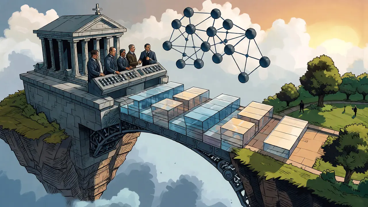 Hybrid ledger bridge connecting a consortium fortress and a public park under a DAG starry sky.