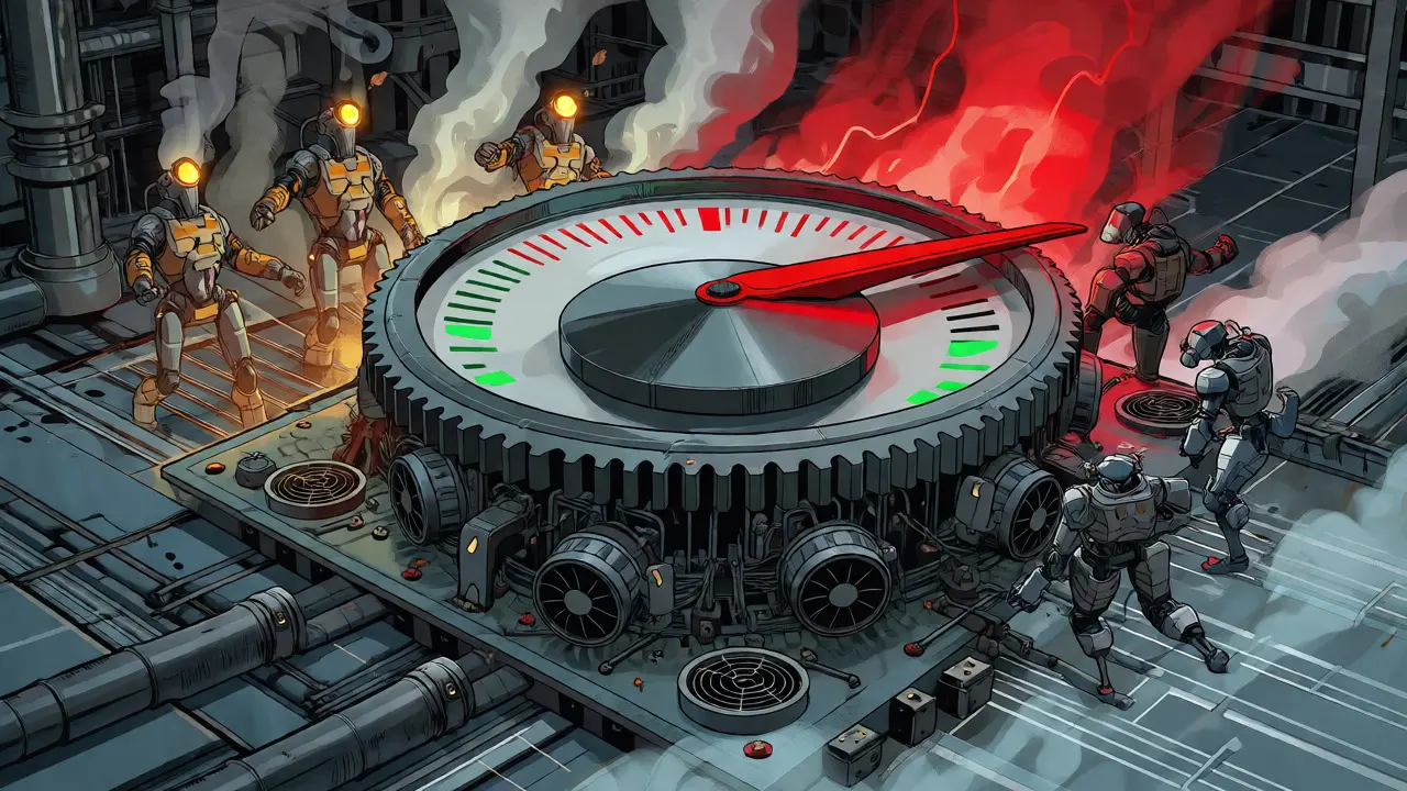 Illustration of a mechanical thermostat dial adjusting between overheating miners and cooling systems.