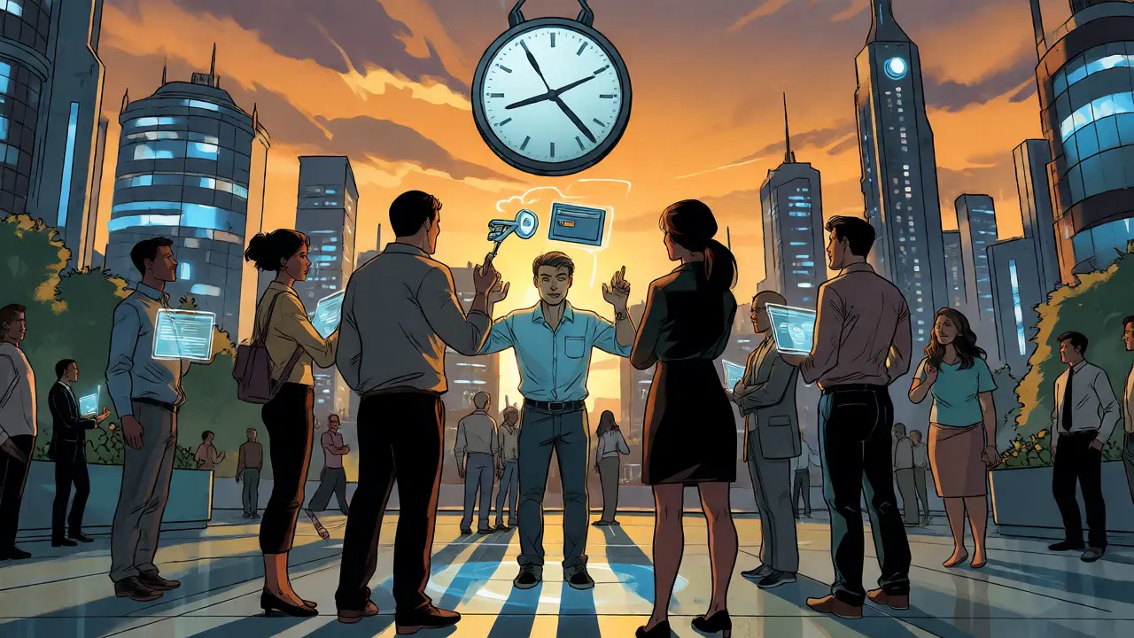 People forming a protective circle around a key transforming into a shield in a futuristic city.