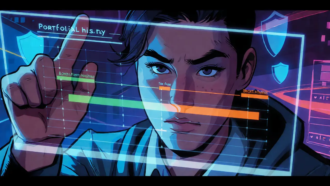 Person analyzing a holographic crypto portfolio timeline with tax status indicators