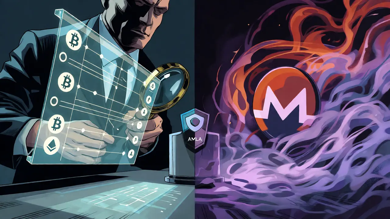 Regulator inspecting transparent blockchain versus obscured privacy coin mist