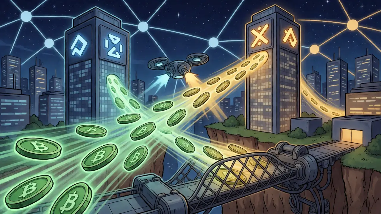 Robotic drone transferring crypto assets between exchanges to capture arbitrage profits.