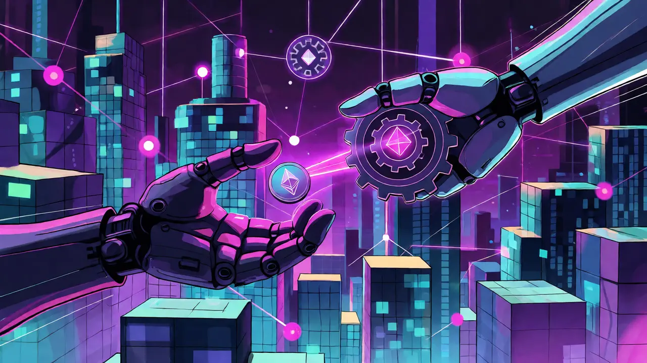 Robotic hands exchanging an Ethereum token for a mechanical smart contract.