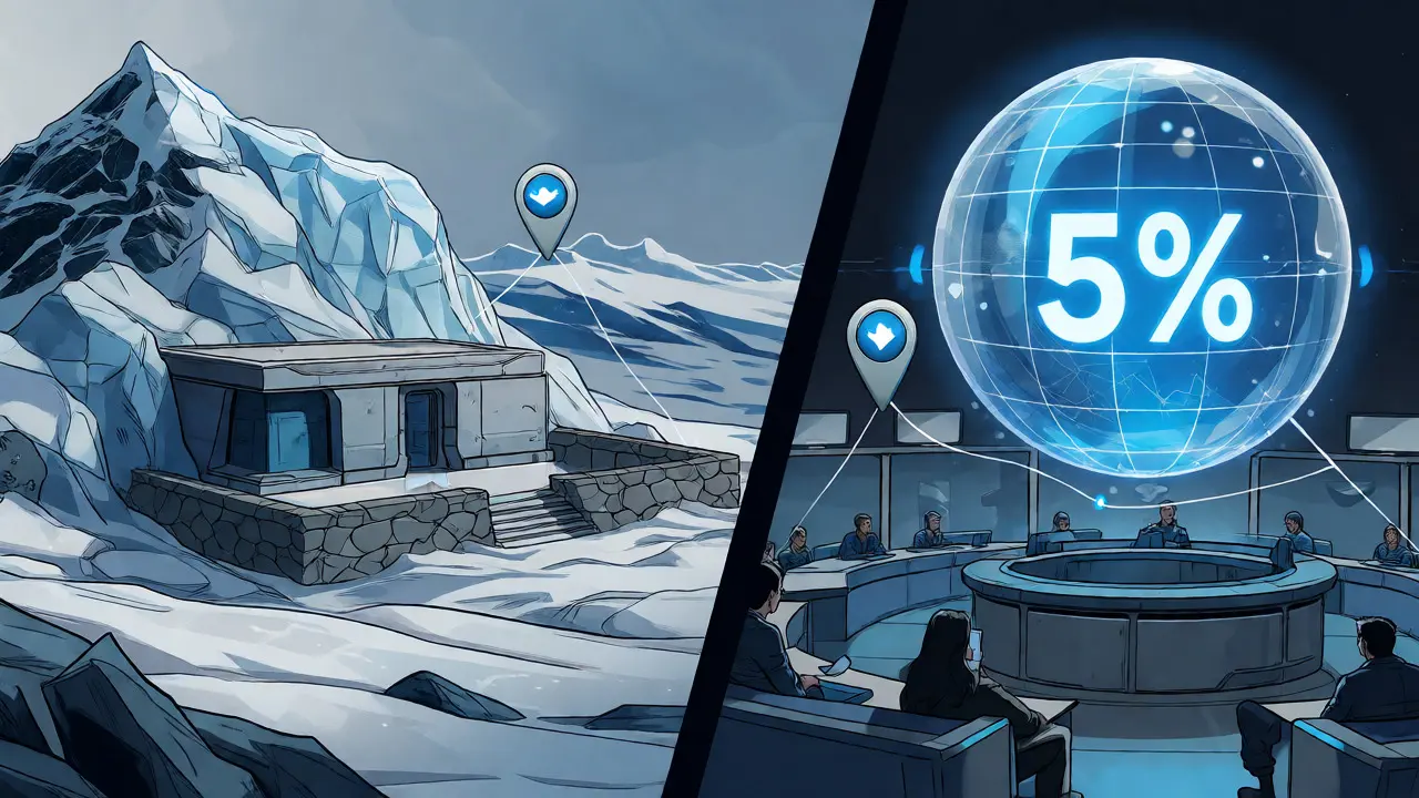 Secure crypto vault in icy mountains and hot wallet sphere