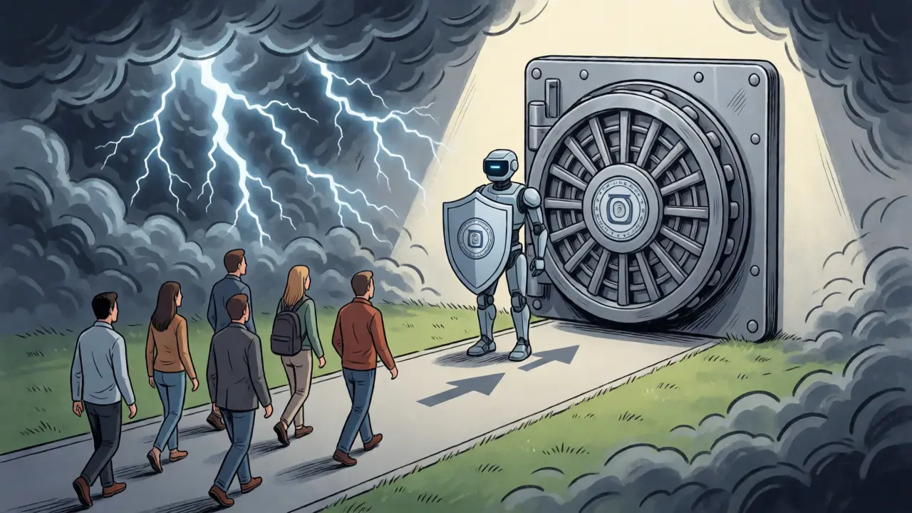 Secure vault guarded by a robot protecting investors from market chaos.
