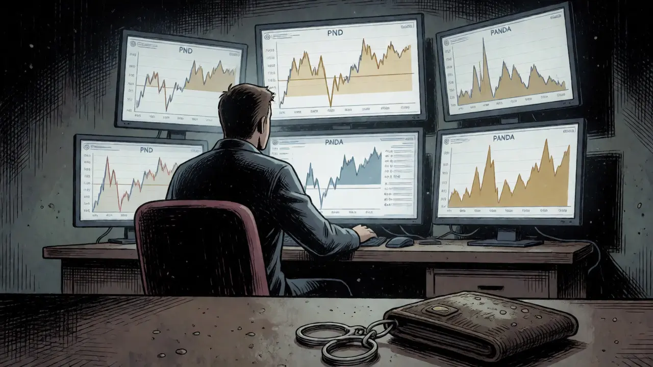 Solitary investor reviewing flatlined PND charts and volatile PANDA data in a moody room.