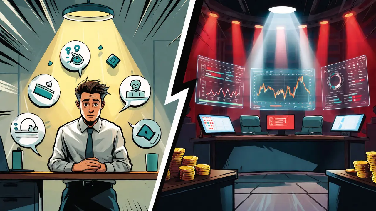 Split panel contrasting small startups with major institutional trading desks.
