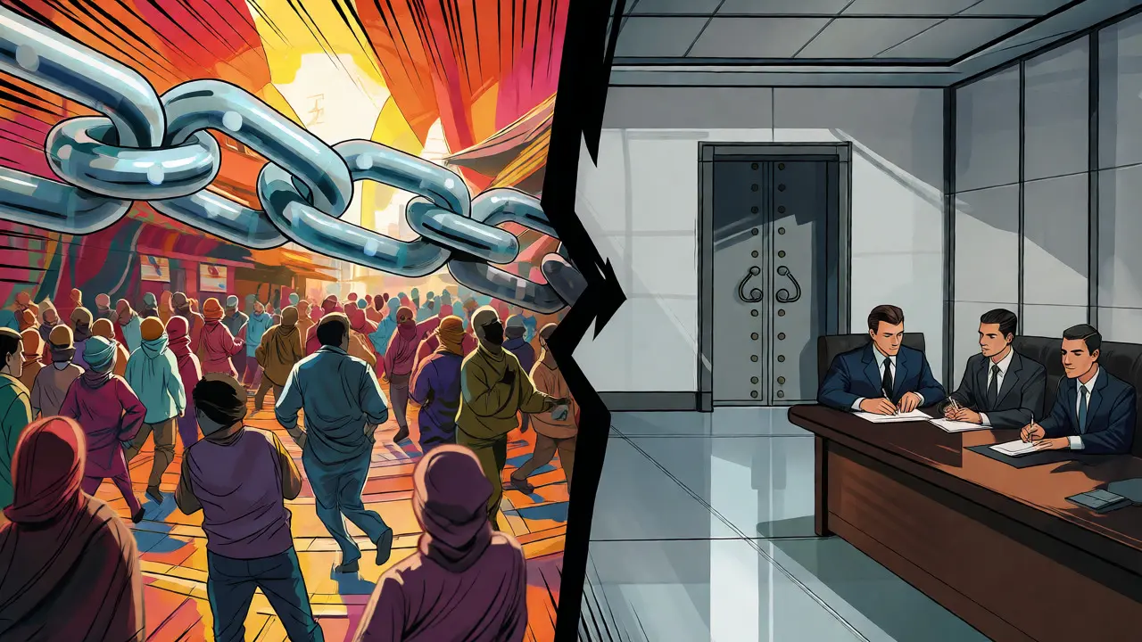 Split scene comparing a busy public marketplace with a quiet private corporate boardroom.