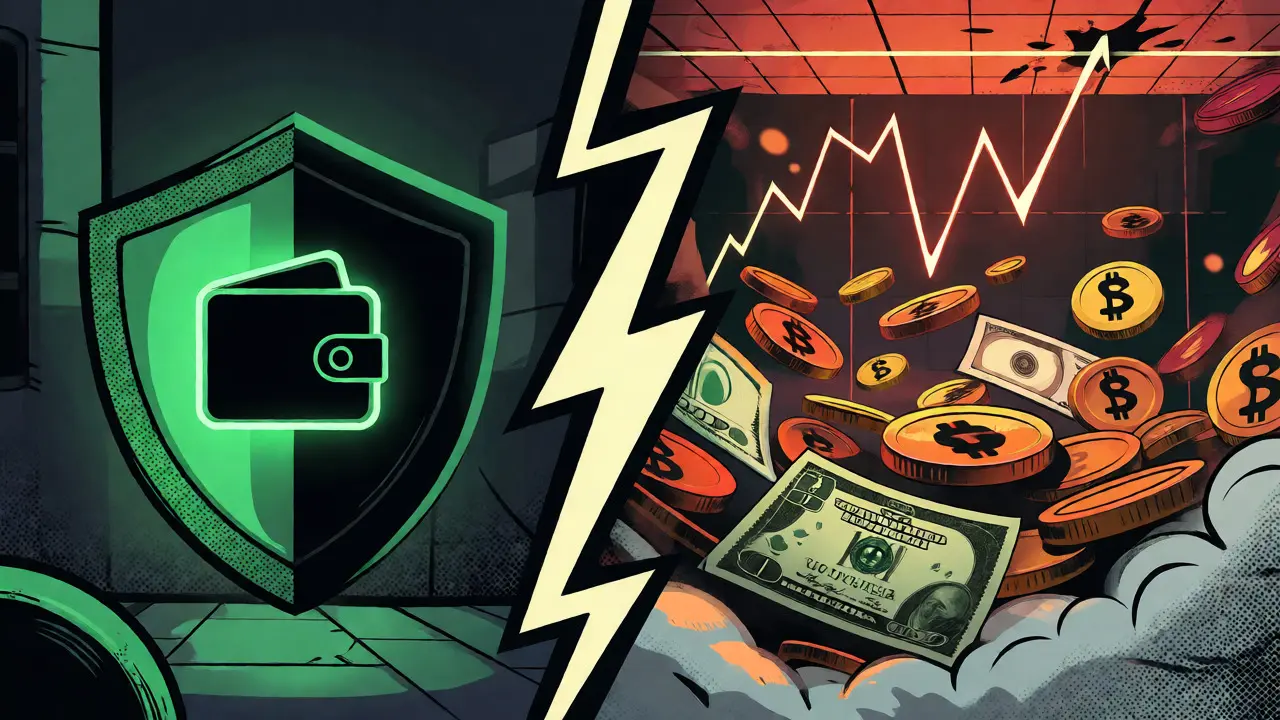 Split-screen comic showing pure crypto vs. volatile hybrid accounts with rising graphs.
