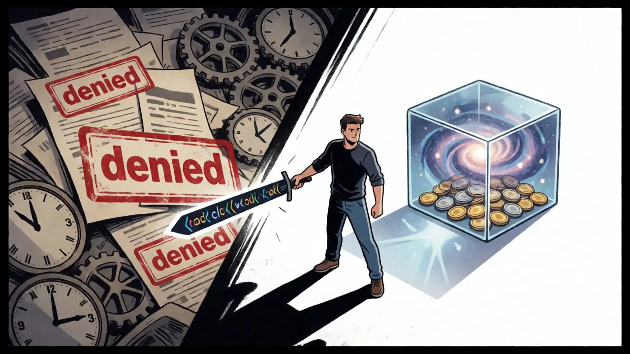 Split-screen comparison of slow traditional banking versus instant atomic blockchain transactions.