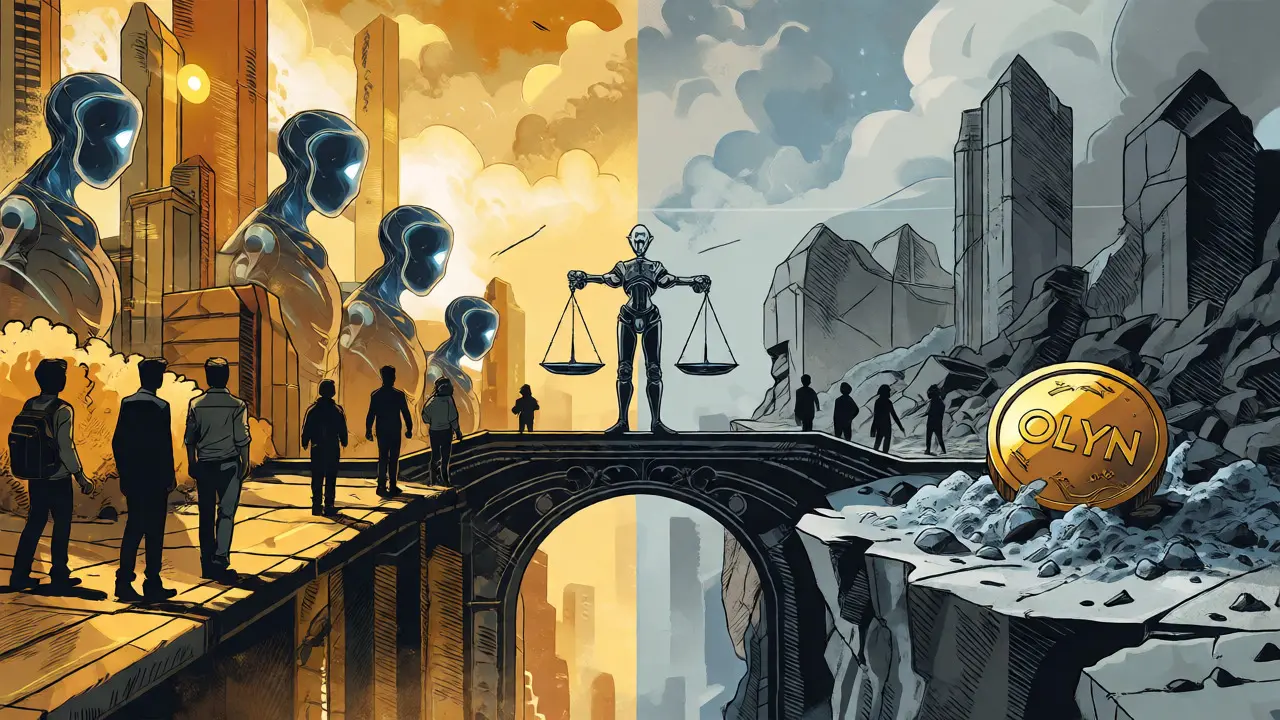 Split view of successful AI city vs. ruined dormant token landscape
