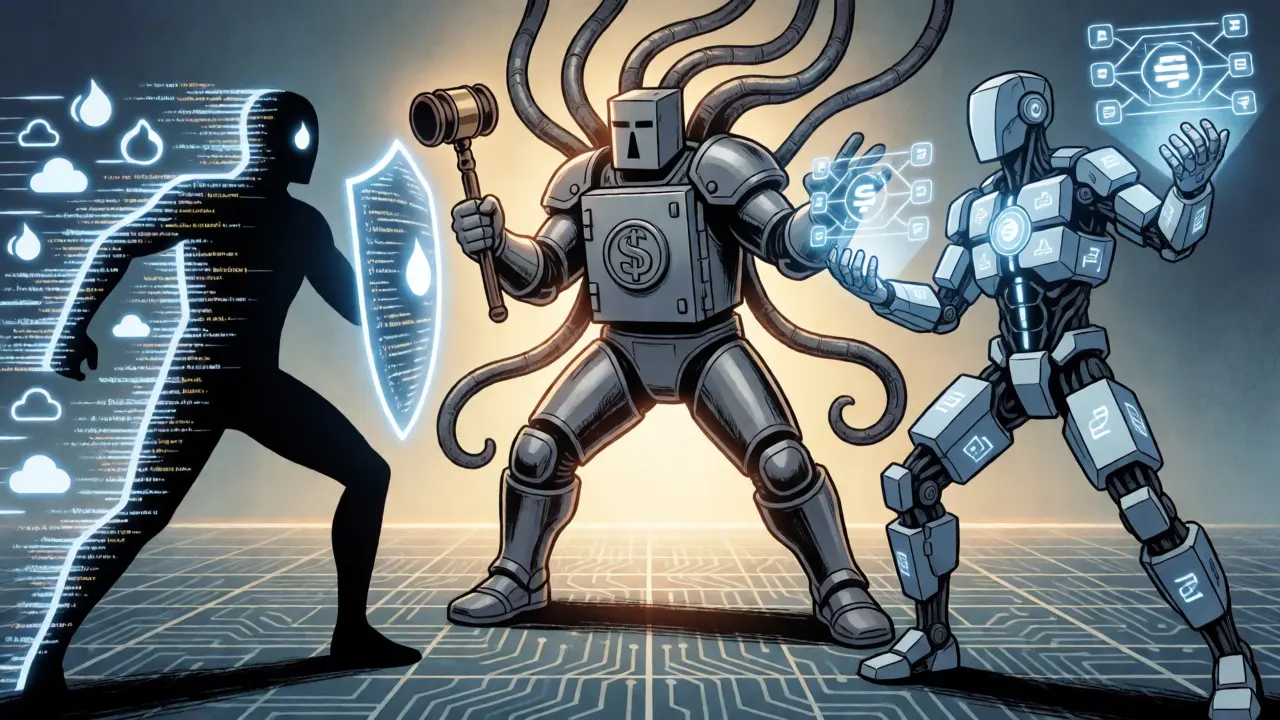 Three avatars representing backend, banking, and blockchain providers in a digital arena.